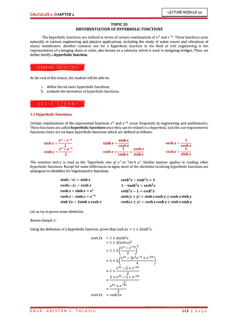 MODULE+20+-+DIFFERENTIATION+OF+HYPERBOLIC+FUNCTIONS | PDF