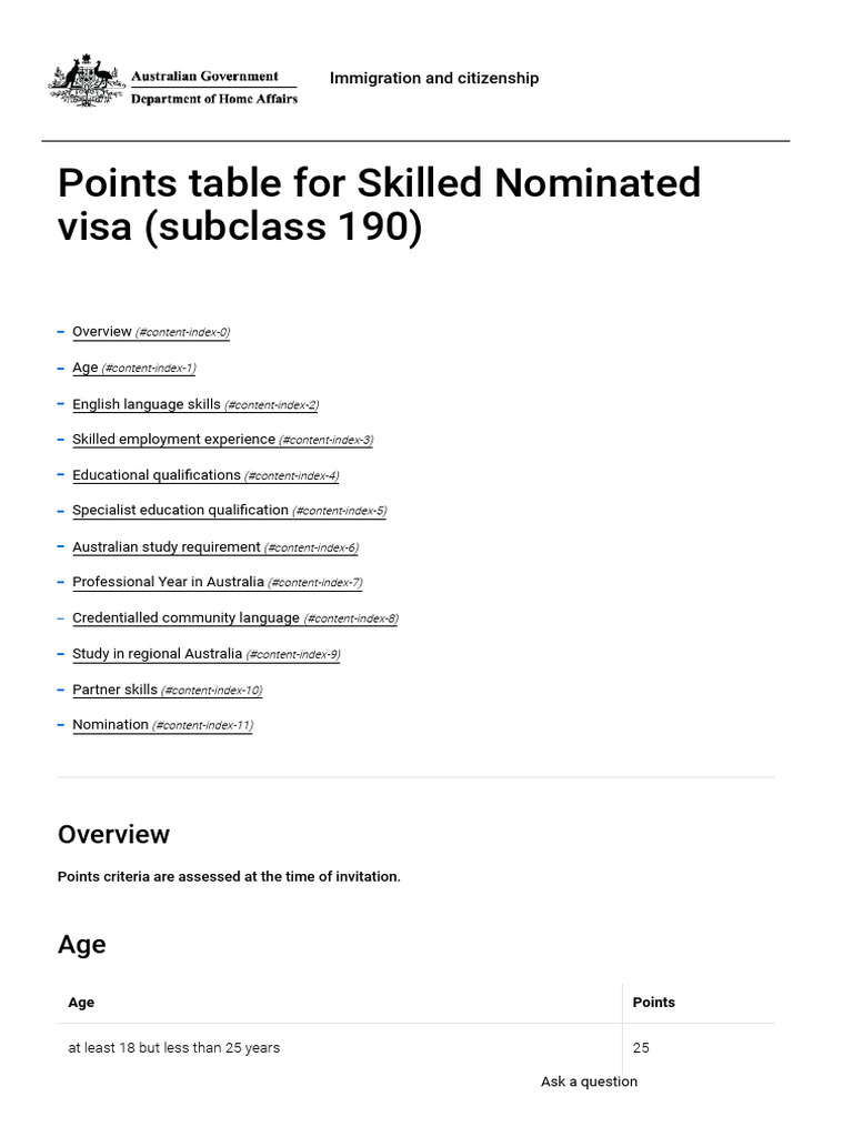 Points Table For Skilled Nominated Visa (Subclass 190) PDF Academic