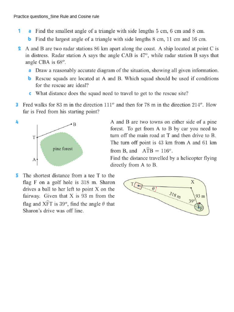 Practice Questions - Sine Rule and Cosine Rule | PDF