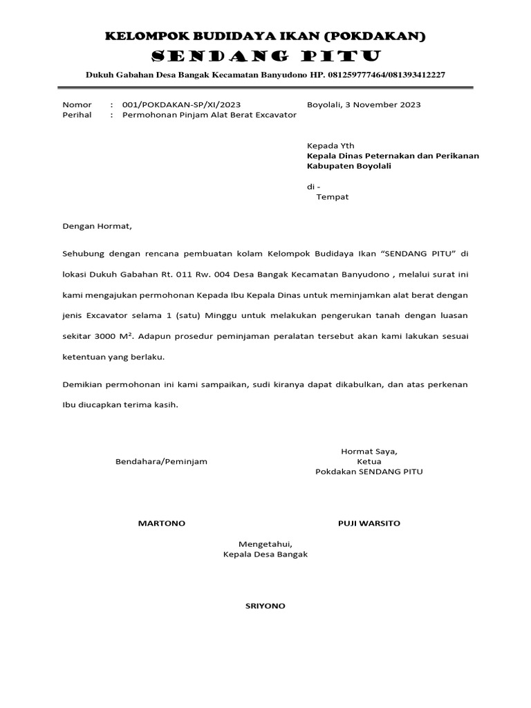 Permohonan Peminjaman Excavator | PDF