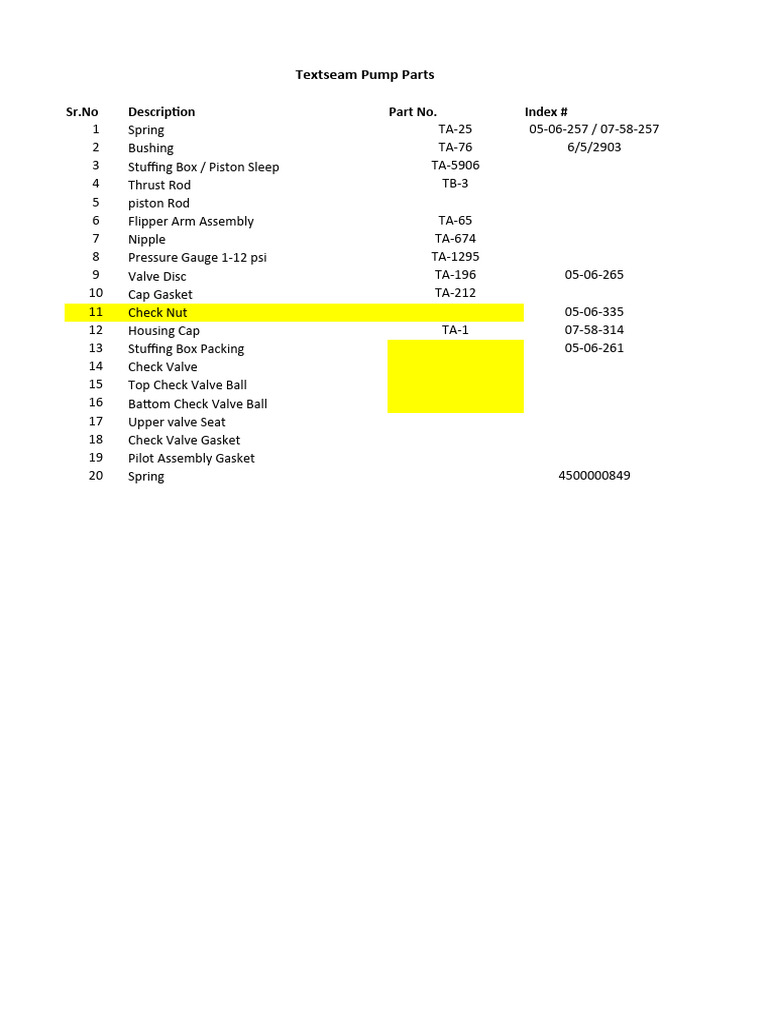 Texsteam Hydraulic Pump Parts List | PDF | Valve | Mechanical Engineering