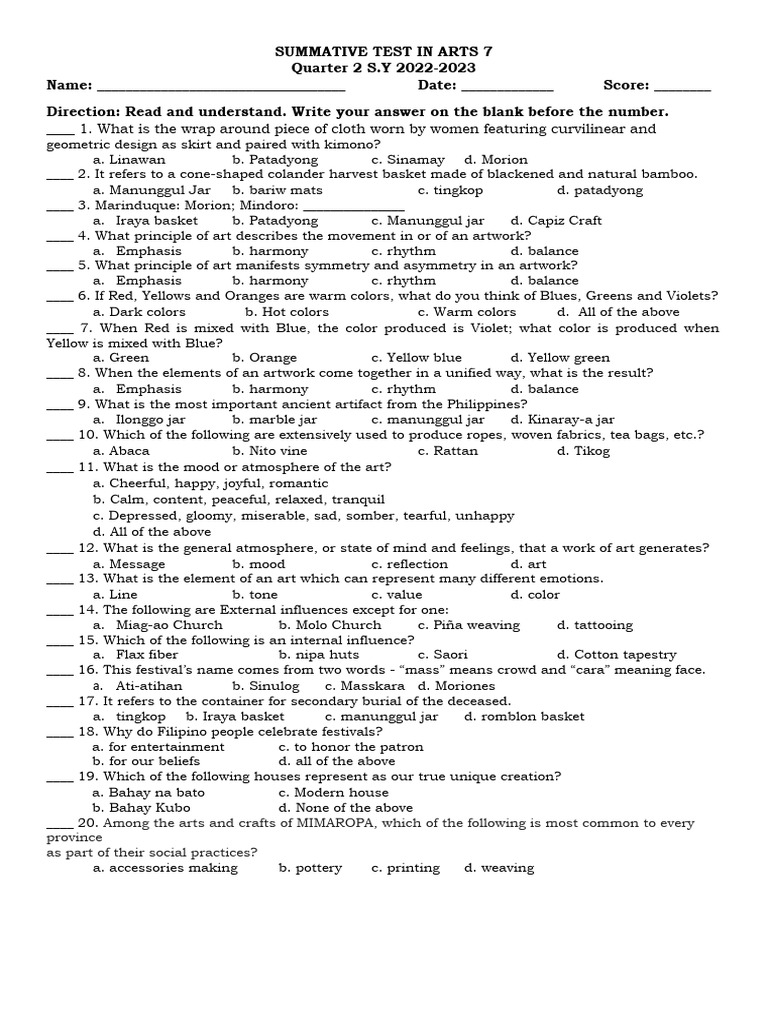 Summative Test in Arts 7 - Q2 | PDF