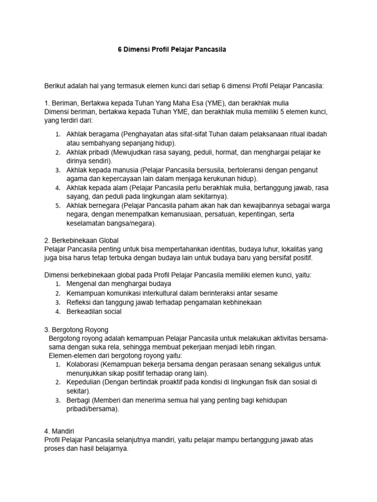 Elemen Dalam 6 Dimensi Profil Pelajar Pancasila Pdf