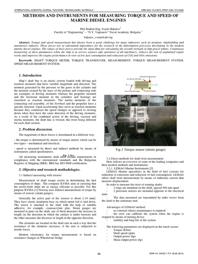 mtm2014726 METHODS AND INSTRUMENTS FOR MEASURING TORQUE AND SPEED OF MARINE DIESEL ENGINES