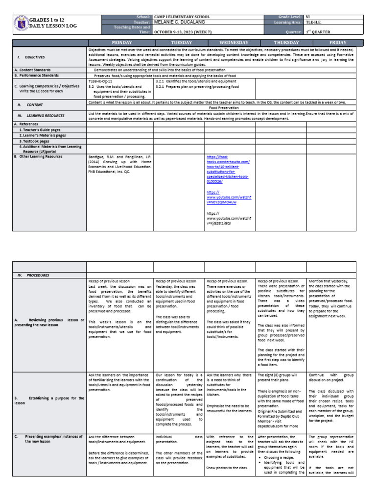 Weekly Lesson Plan: Food Preservation | PDF | Teachers | Learning