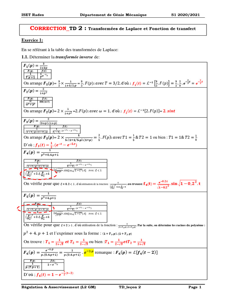 Correction TD 2 : Transformées de Laplace | PDF | Concepts ...