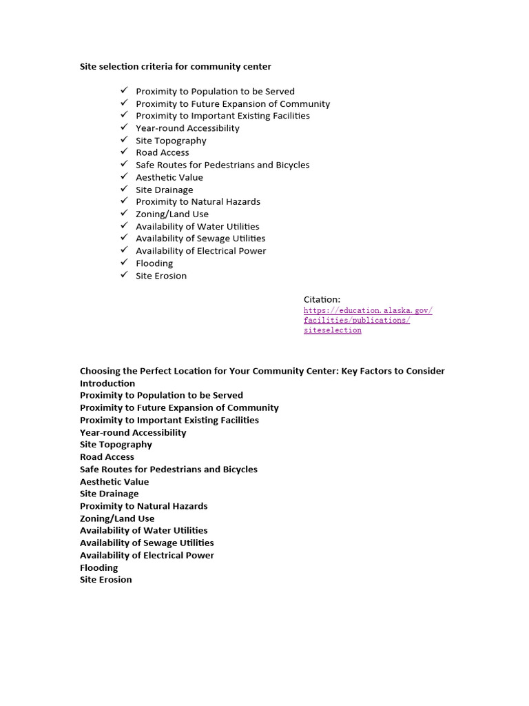 Community Center Site Selection Criteria | PDF | Sanitation | Water