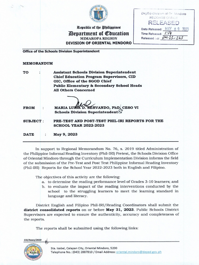 DM Pre-Test and Post-Test Phil-IRI Reports For The School Year 2022 ...