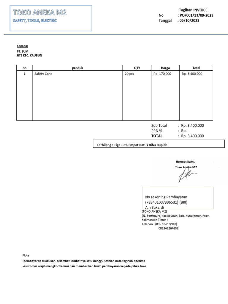 Invoice Pembayaran PT. SUM 06/10/2023 | PDF