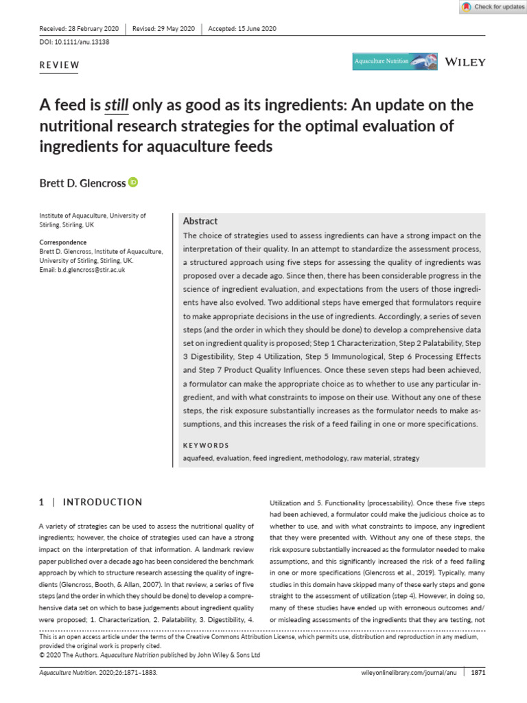 Aquaculture Nutrition 2020 Glencross A Feed Is Still Only As Good