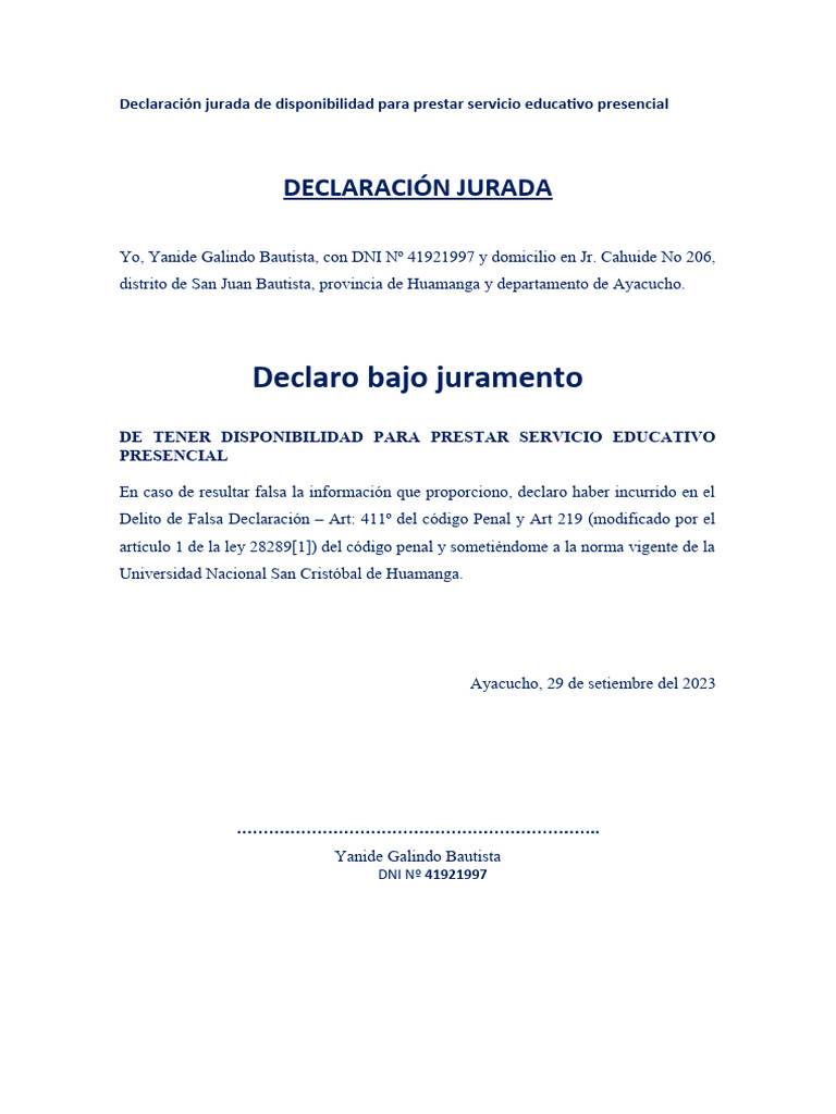 Declaración Jurada de Disponibilidad para Prestar Servicio Educativo ...