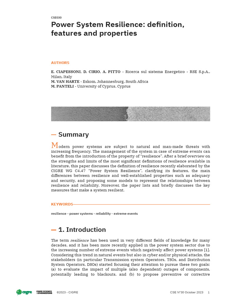 CSE 30 Power System Resilience Definition Features and Properties