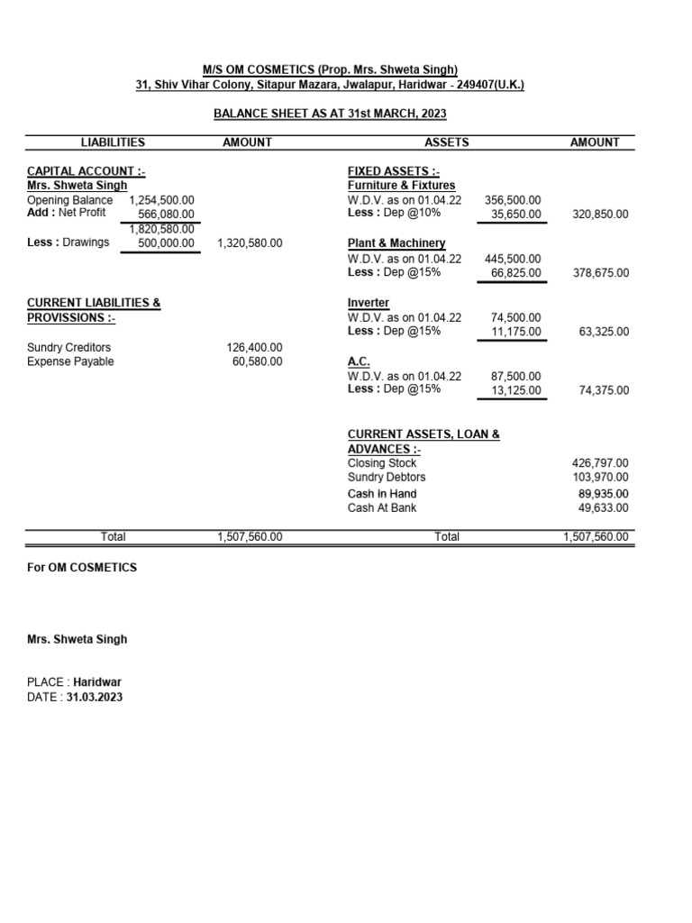 Shweta Singh Balance Sheet AY 2023-24 | PDF | Balance Sheet | Expense