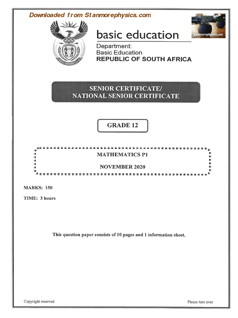 Mathematics nov 2020 grade 12 p1 and memo pdf mathematics
