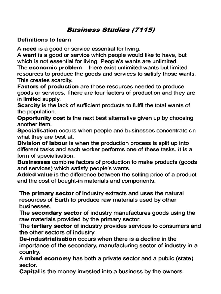 Business Studies Definitions | PDF