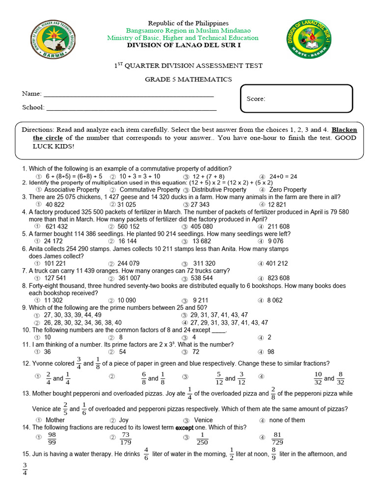 GRADE 5 MATH ASSESSMENT TEST | PDF | Food And Drink | Foods