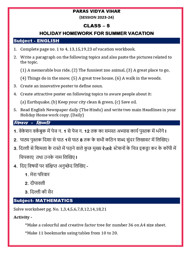 Class 5 Summer Vacation Homework Guide | PDF | Foreign Language Studies