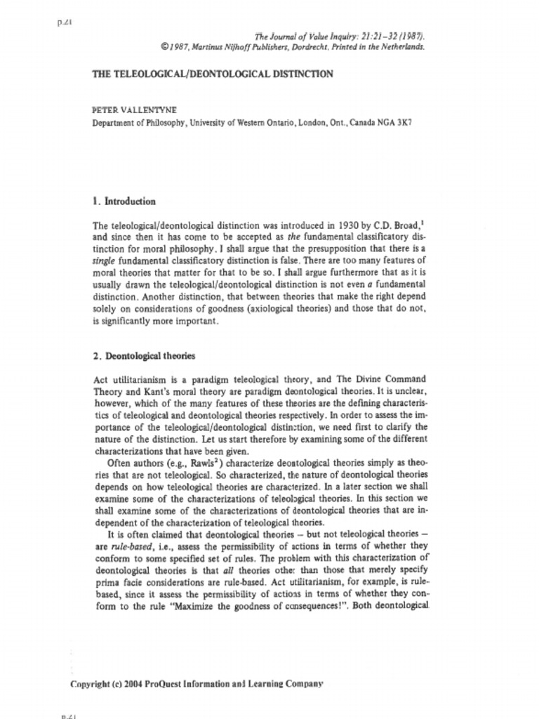 The Teleological Deontological Distinction Peter Vallentyne PDF