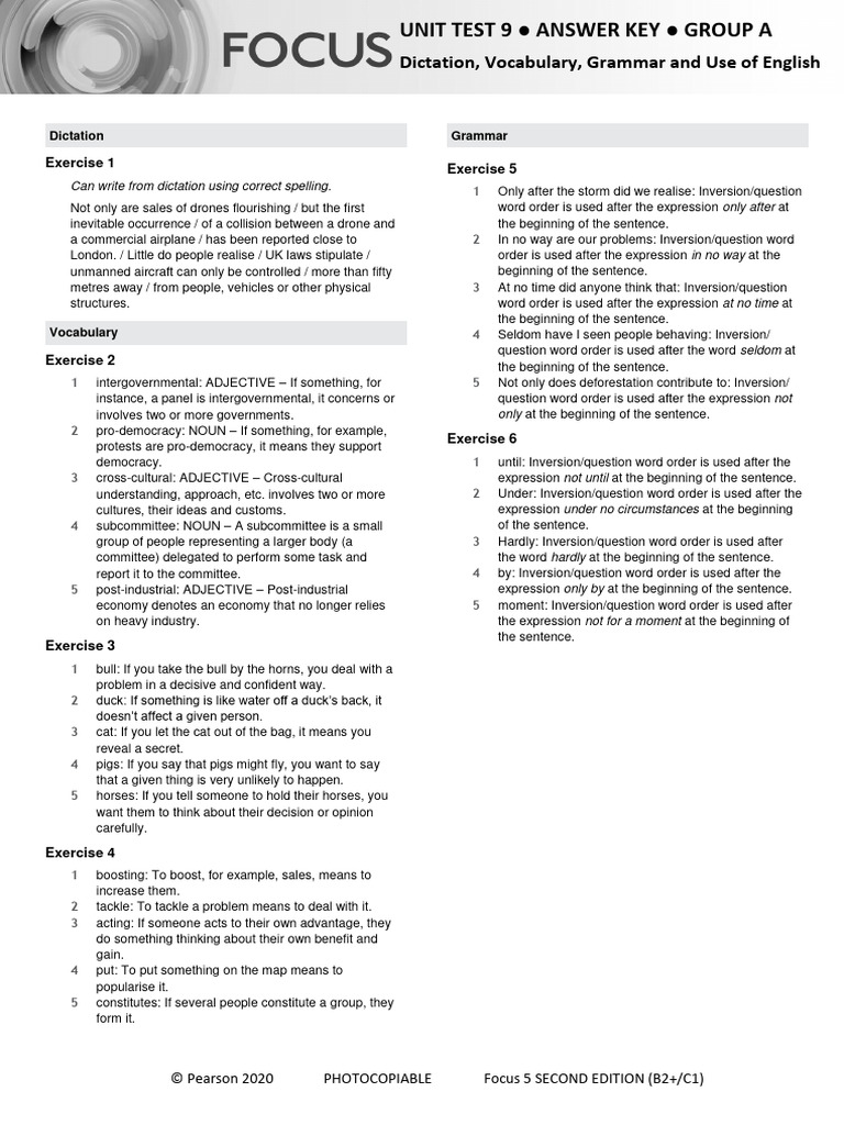 Focus 5 Unit Test 9 Answer Key | PDF | Verb | Noun