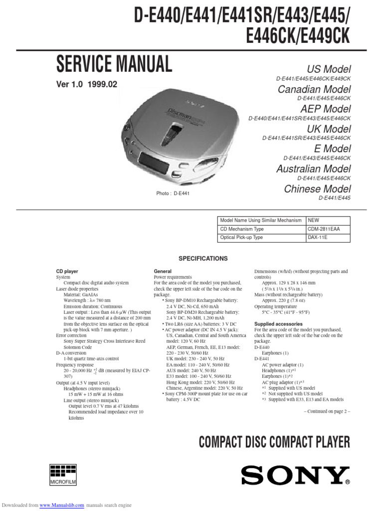 Sony Discman D-E440 Service Manual | PDF