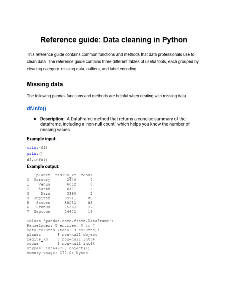 Reference Guide - Data Cleaning in Python | PDF