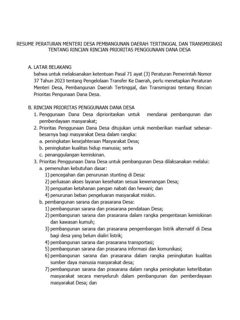 Resume Permendes Tentang Rincian Prioritas Penggunaan Dana Desa PDF