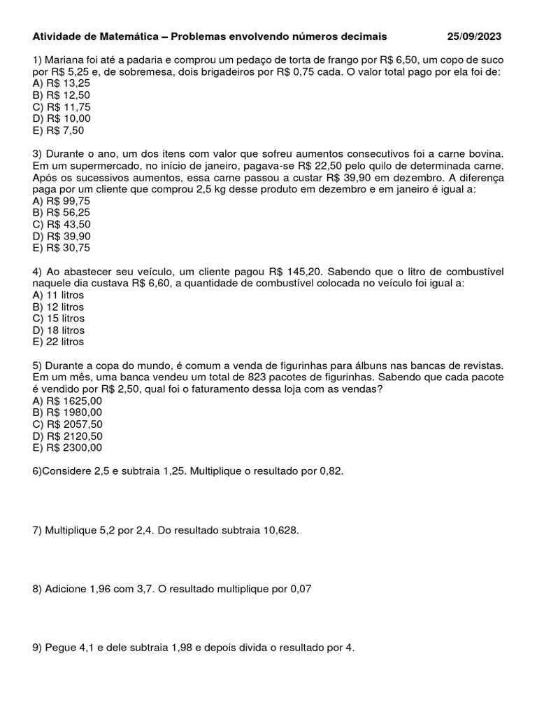 Problemas com Números Decimais 4º Ano | PDF