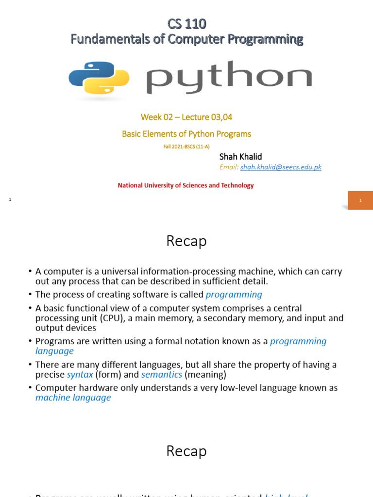 Week 02 - Lecture 4 5 Python Basic Elements | PDF | Variable (Computer ...