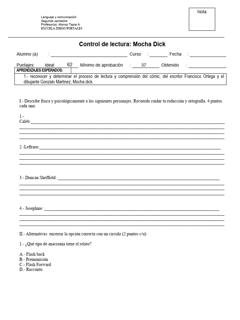 Control de Lectura: Mocha Dick | PDF | Estudios de idiomas extranjeros