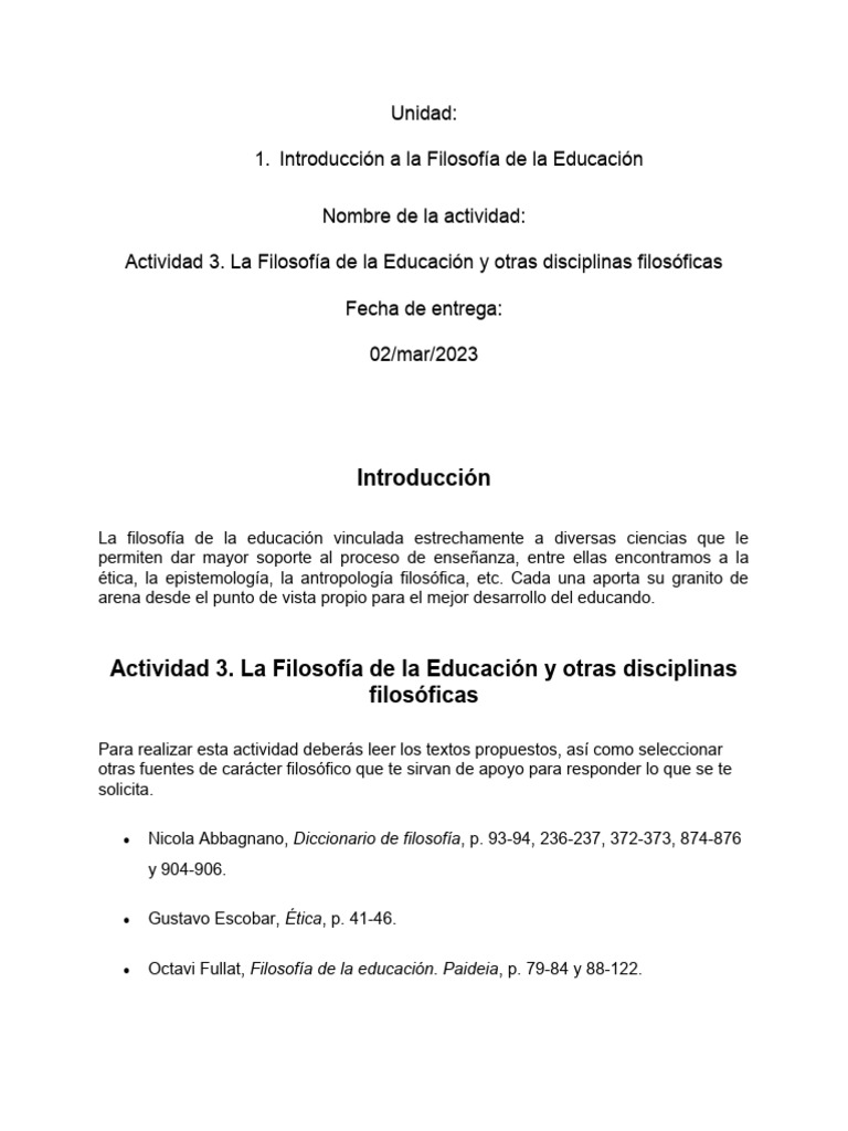 Unidad 1 Act 3 Filosofia de La Ed I | PDF | Moralidad | Conocimiento
