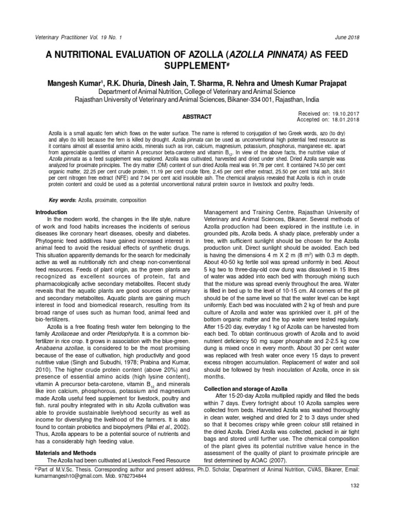 A Nutritional Evaluation of Azolla Pinnata As Feed Supplement | PDF ...