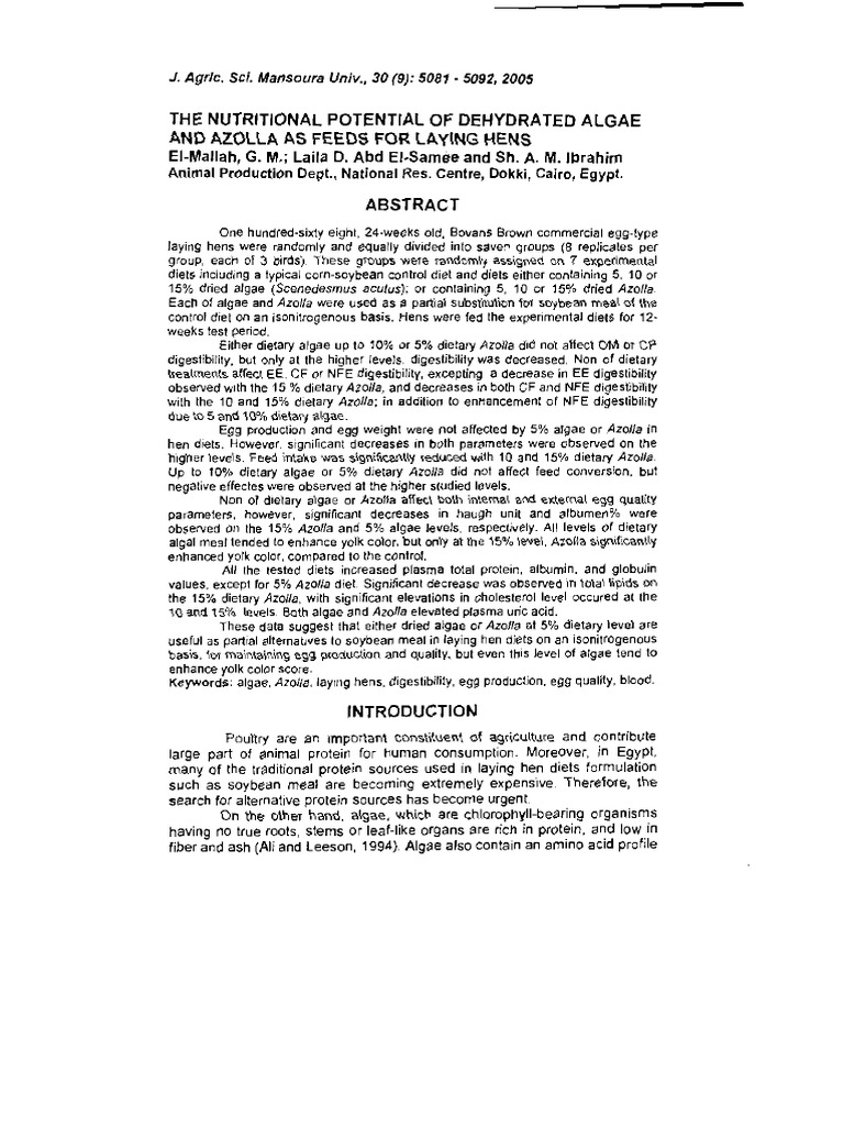 Algae and azolla as feed for laying hens pdf