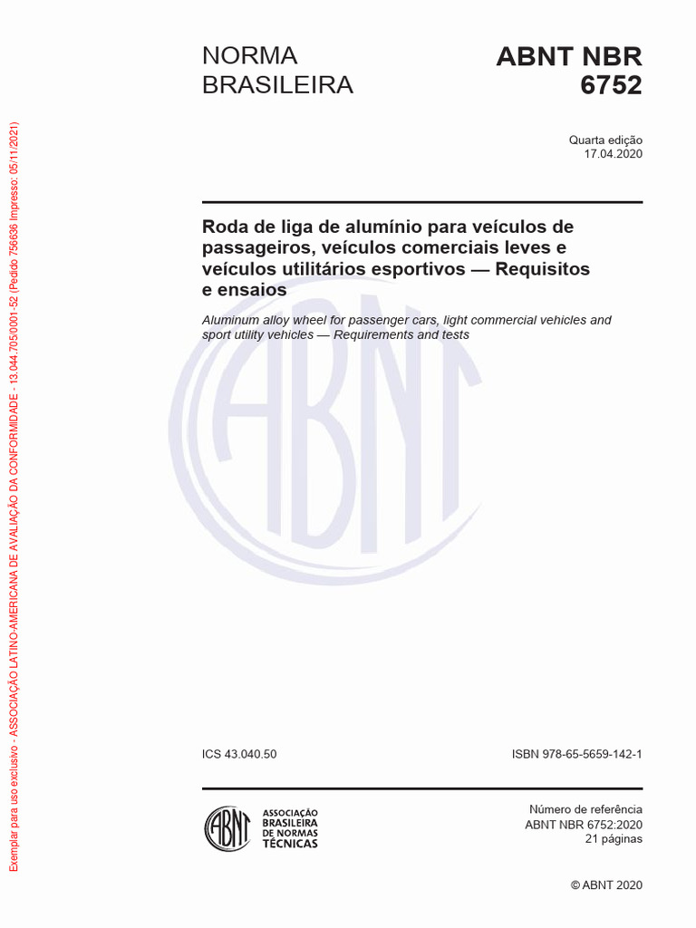 Requisitos para Rodas de Alumínio NBR 6752 | PDF | Eixo | Pneu