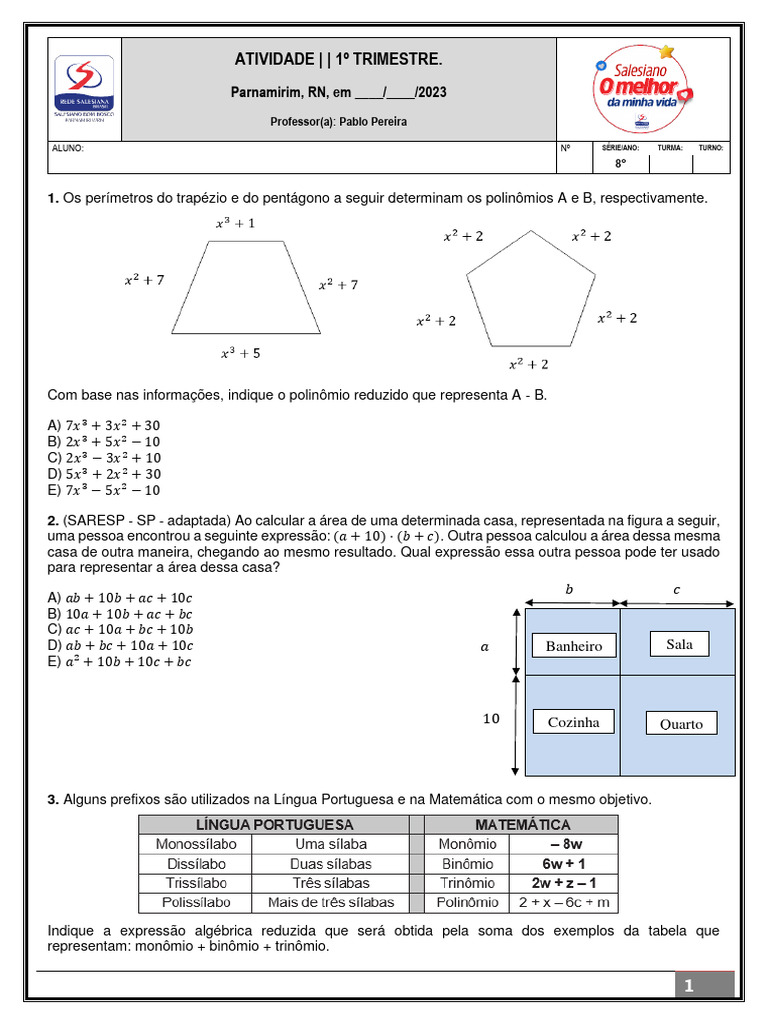 Exercícios de Polinômios 8º Ano | PDF