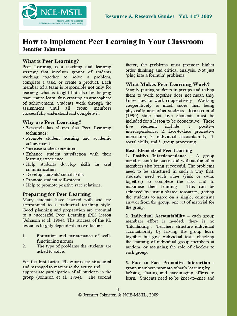 Implementing Peer Learning Strategies | PDF | Learning | Teachers