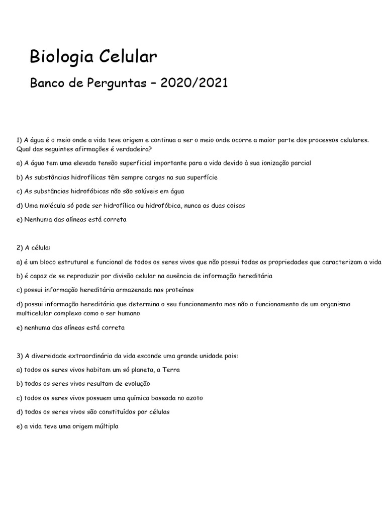 Perguntas sobre Biologia Celular 2021 | PDF | Célula (Biologia) | Proteínas