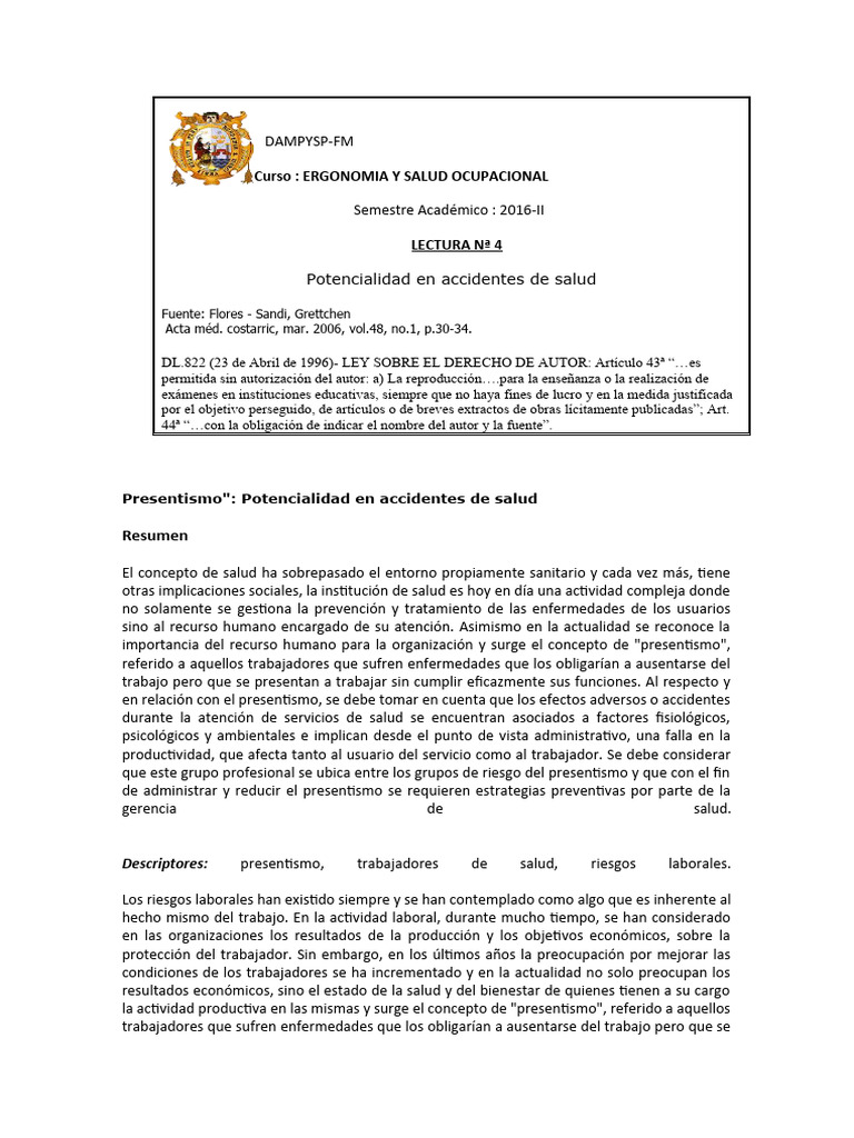 Lectura 4 Presentismo | PDF | Seguridad y salud ocupacional | Estrés ...