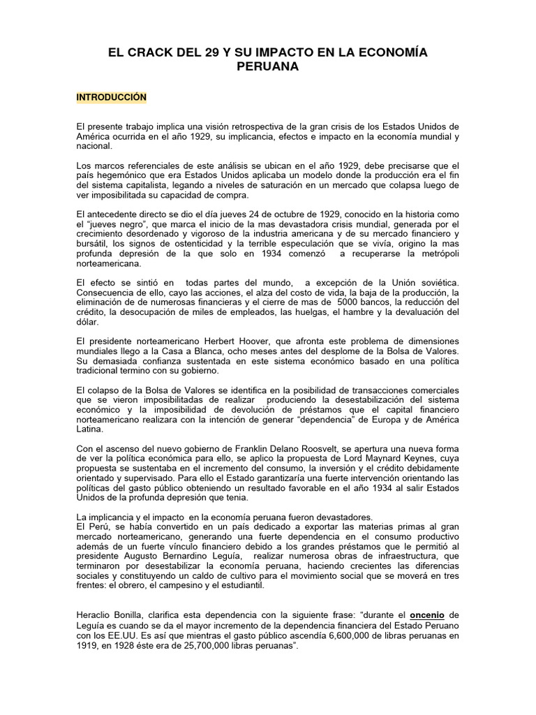 El Crack Del 29 y Su Impacto en La Economía Peruana | PDF