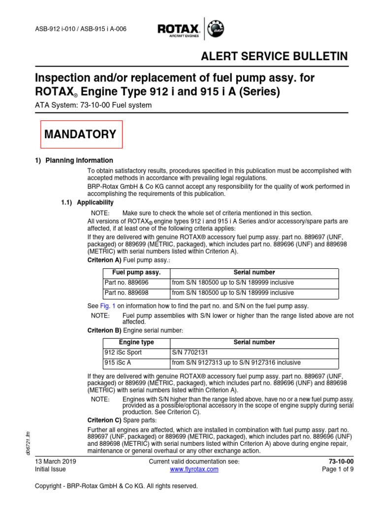 Asb 912 i 010 asb 915 i a 006 inspection and or replacement of fuel