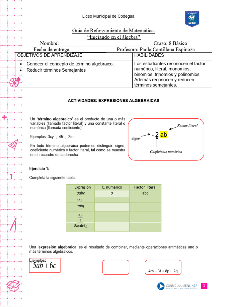 Guía de Expresiones Algebraicas 8° Básico | PDF | Métodos y materiales ...