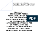 Ordenanza Fiscal N 16 Reguladora de La Tasa Por Prestacion Del Servicio de Matrimonios Civiles Mod 2013