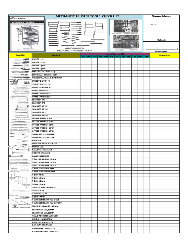 Mechanic Truster Tools Checklist | PDF | Machines | Manufactured Goods
