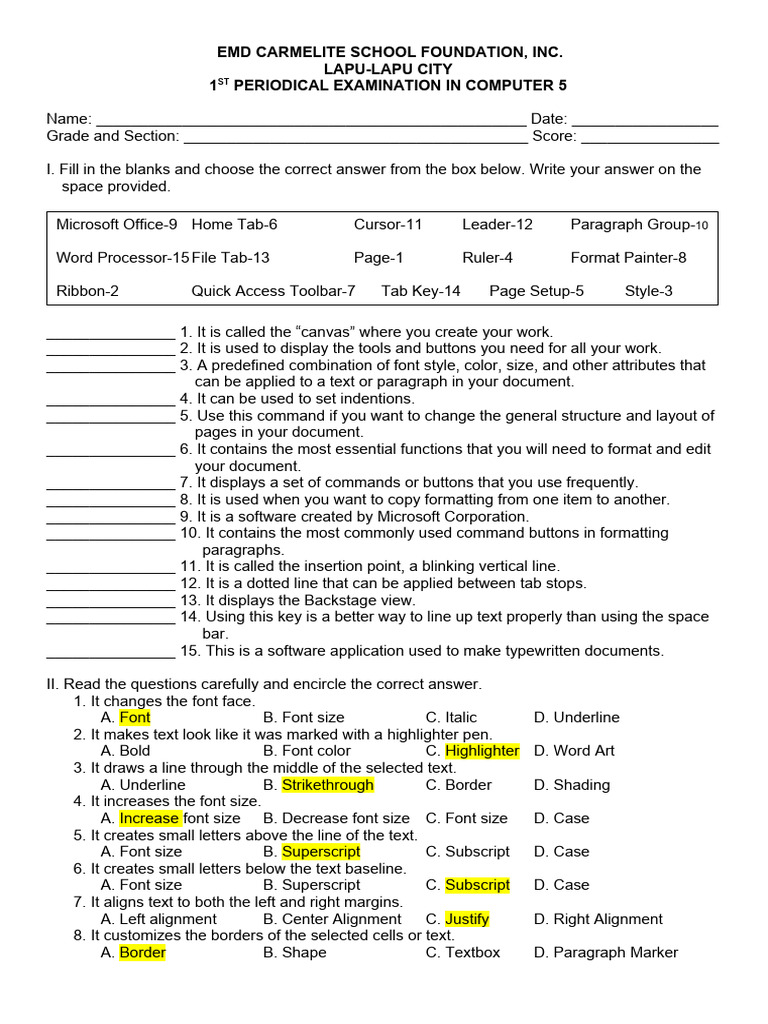Computer 5 1st Periodical Answer Key | PDF | Text | Computing