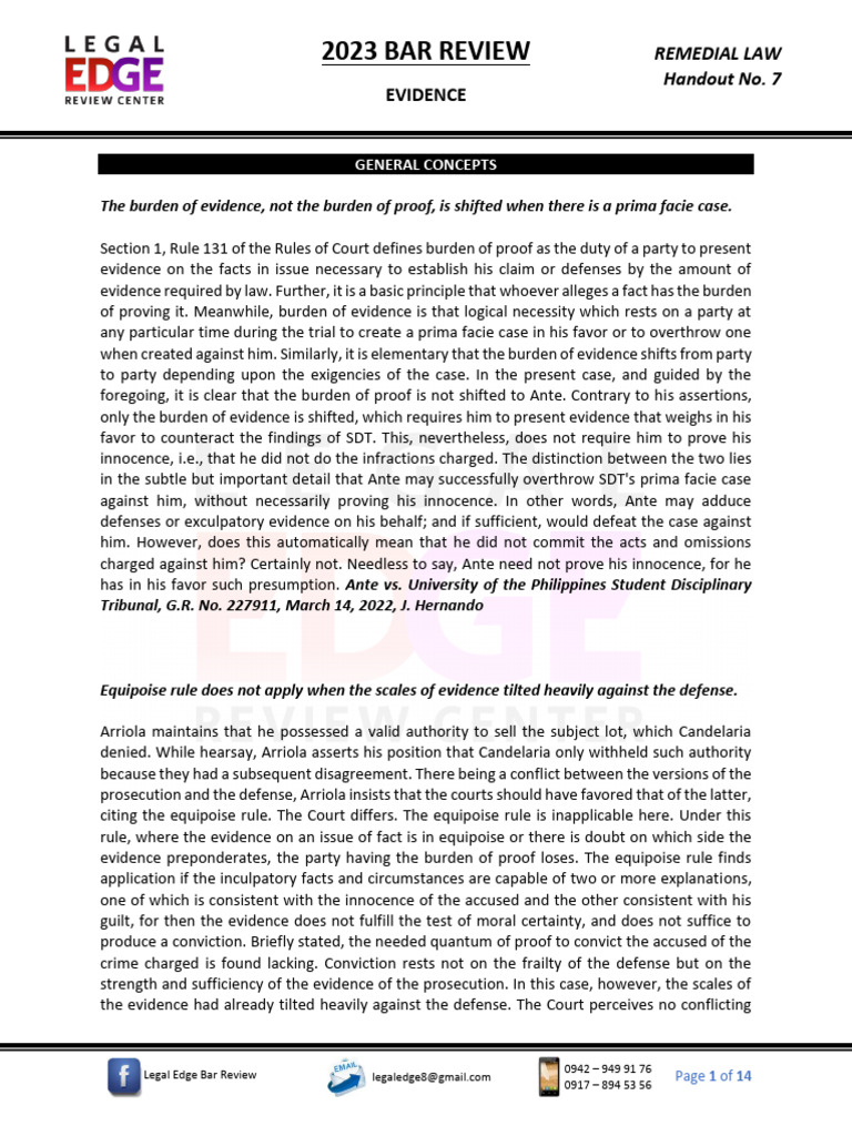 Remedial Law Evidence Pdf Burden Of Proof Law Evidence Law