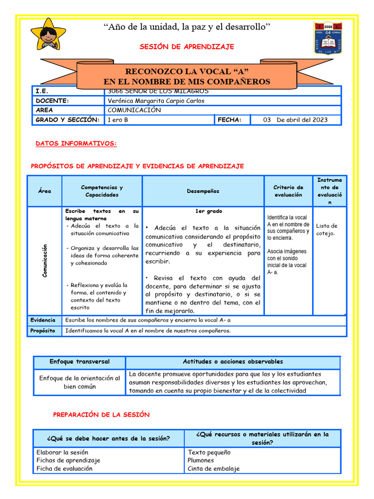 E1 SESIÓN D1 COM RECONOCEMOS LA VOCAL A | PDF | Evaluación | Aprendizaje