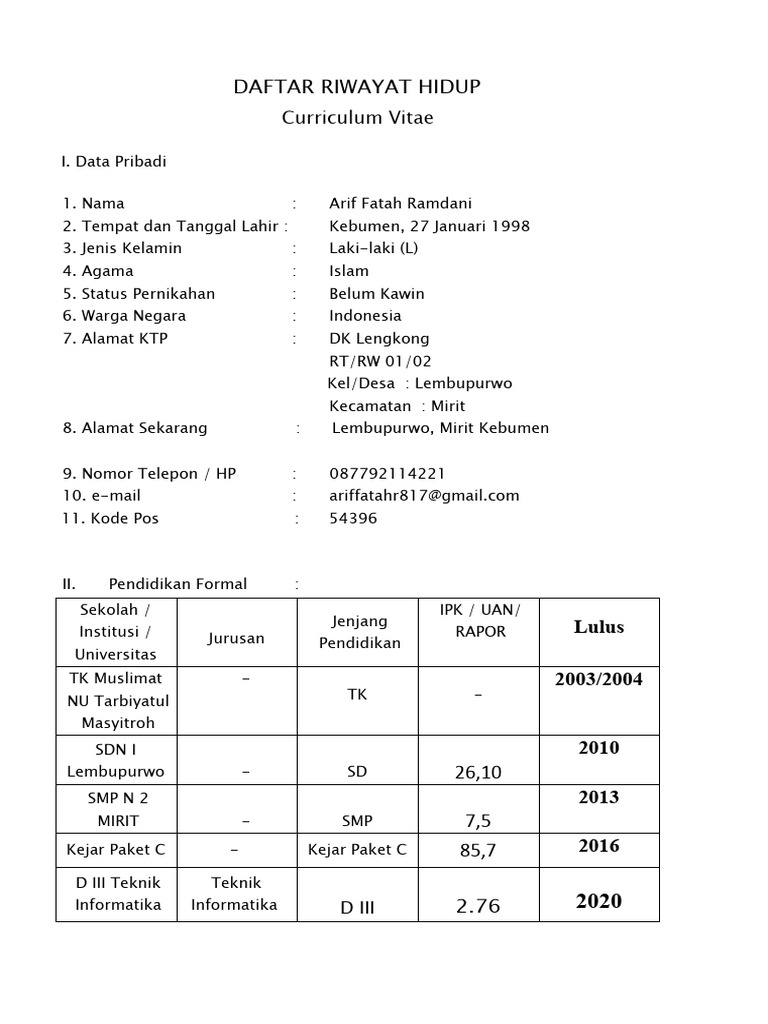 CV Arif Fatah Ramdani | PDF