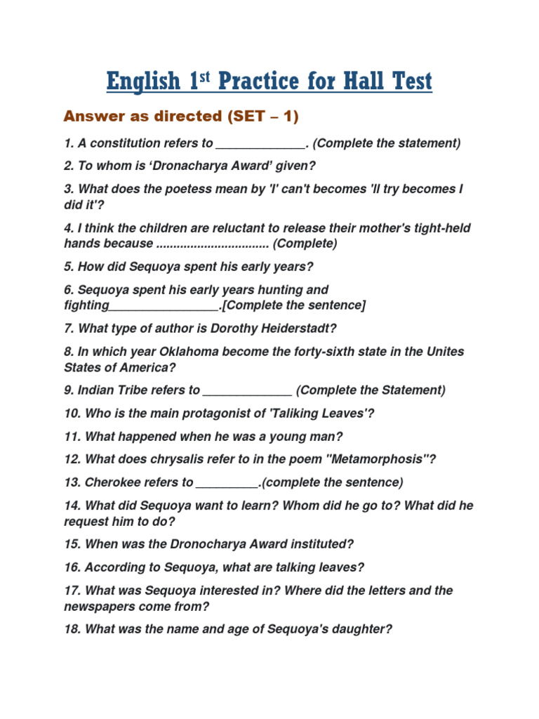 English Hall Test Practice Questions | PDF