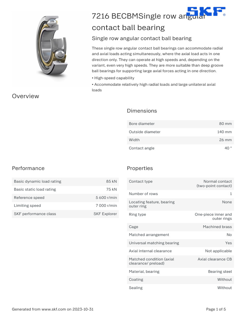 SKF 7216 BECBMSingle Row Angular Contact Ball Bearing Specification PDF