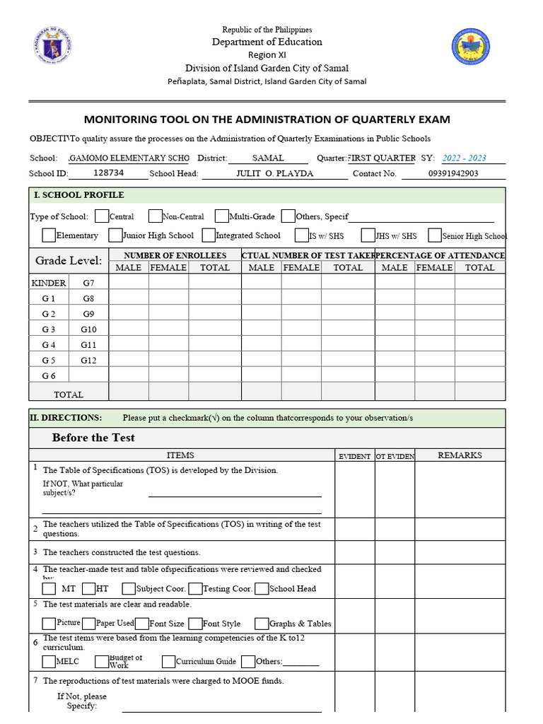 Monitoring Tool On Quarterly Assessment Pdf