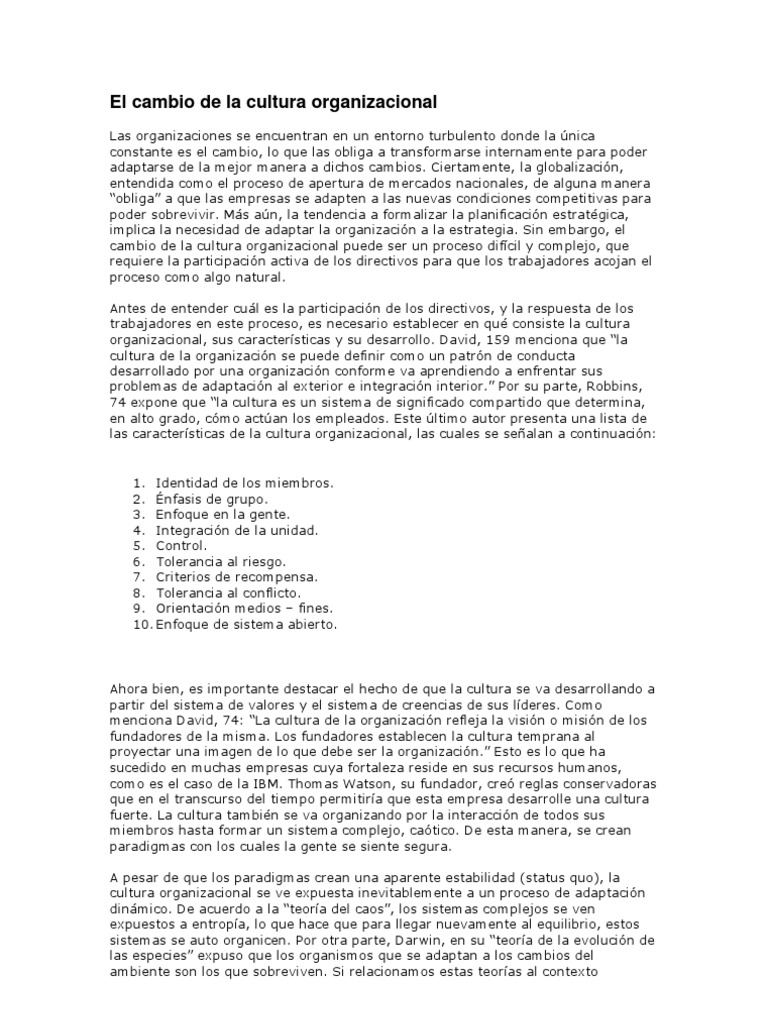 El Cambio de La Cultura Organizacional | PDF | Cultura organizacional ...